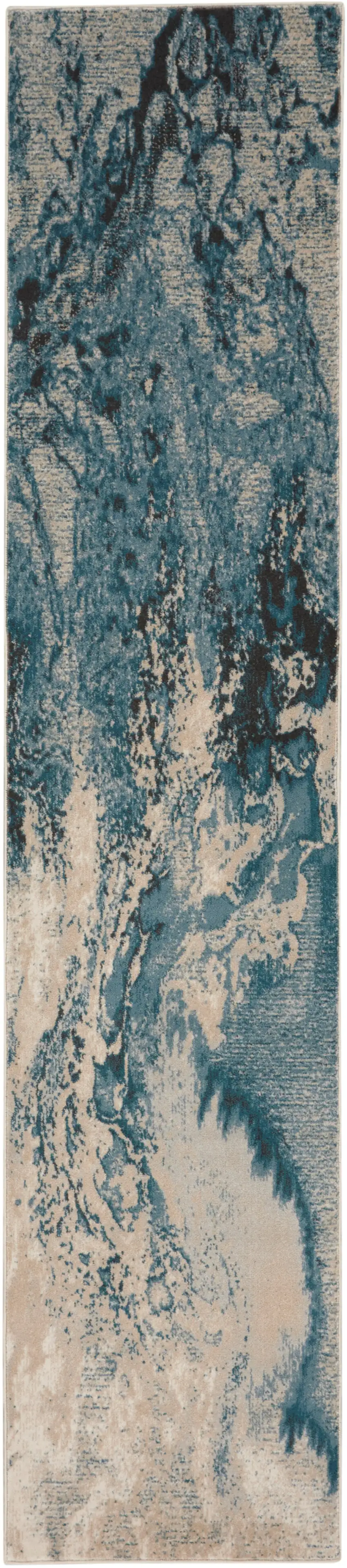 10' Ivory Teal Blue and Black Abstract Non Skid Runner Rug Photo 5