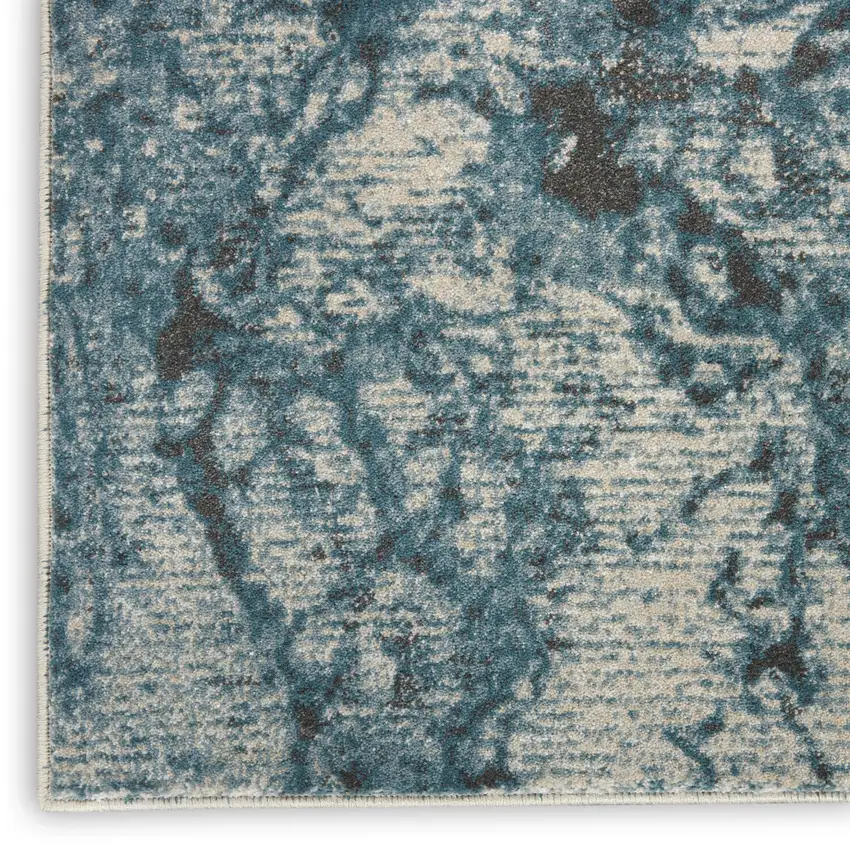 12' Ivory Teal Blue and Black Abstract Non Skid Runner Rug Photo 6