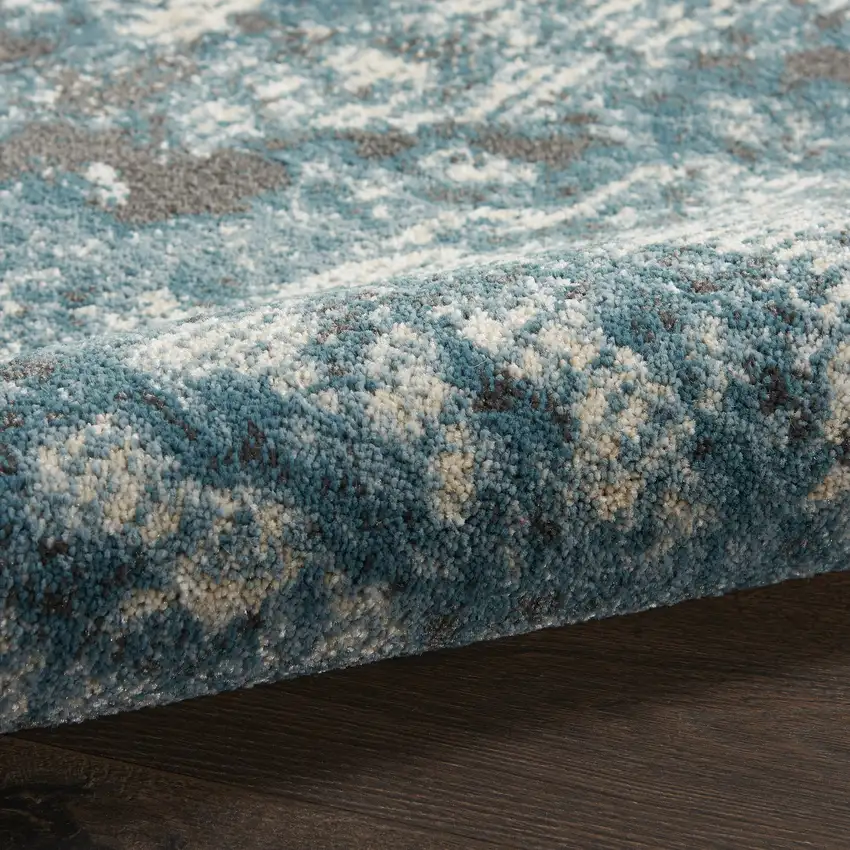 12' Ivory Teal Blue and Black Abstract Non Skid Runner Rug Photo 5