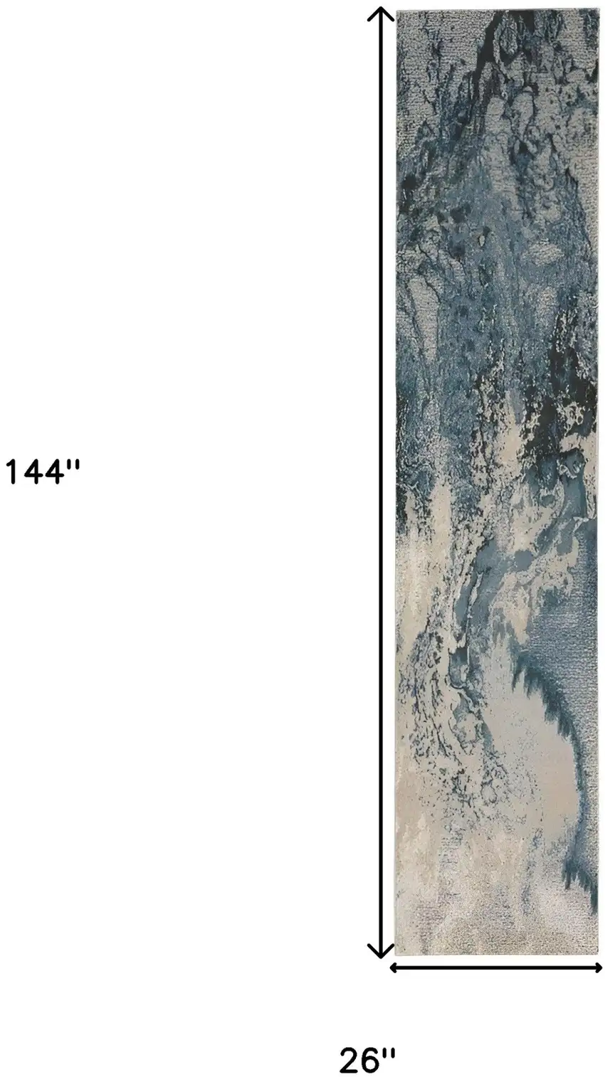 12' Ivory Teal Blue and Black Abstract Non Skid Runner Rug Photo 8