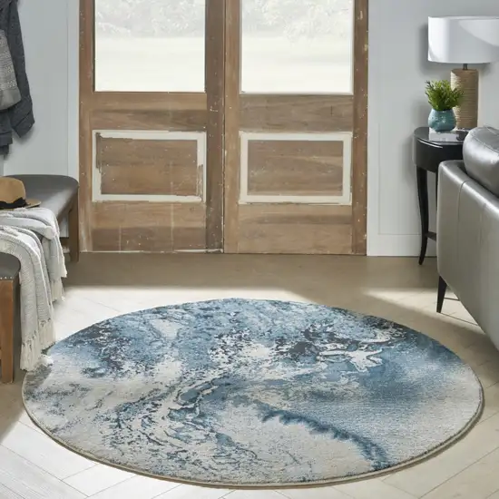 4' Ivory Teal Blue and Black Abstract Round Rug Photo 7