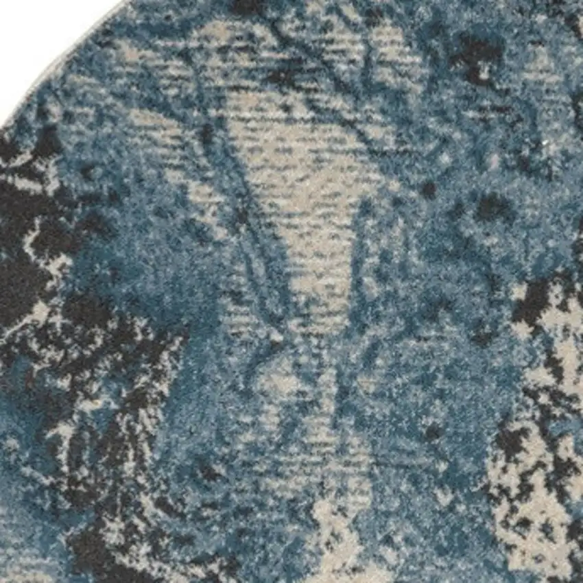 4' Ivory Teal Blue and Black Abstract Round Rug Photo 3