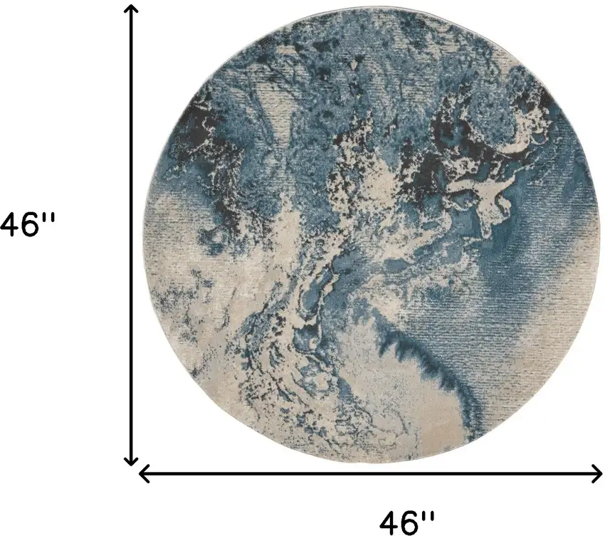 4' Ivory Teal Blue and Black Abstract Round Rug Photo 3