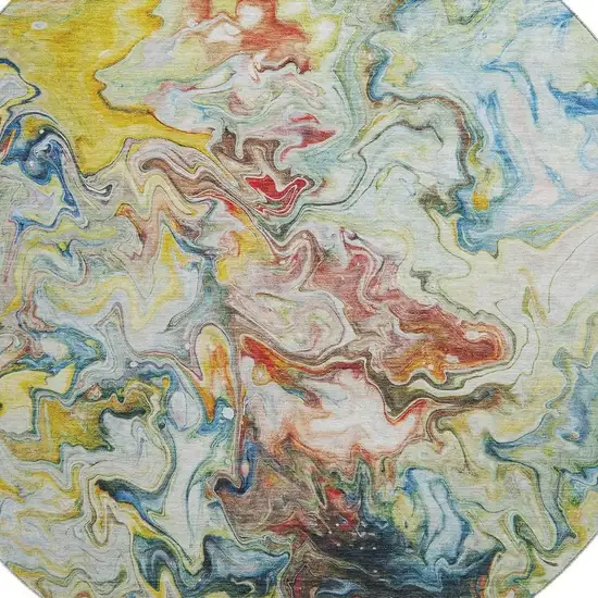 8' Ivory Yellow And Blue Abstract Washable Round Rug With UV Protection Photo 3