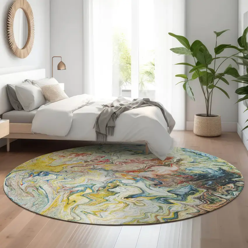 8' Ivory Yellow And Blue Abstract Washable Round Rug With UV Protection Photo 5