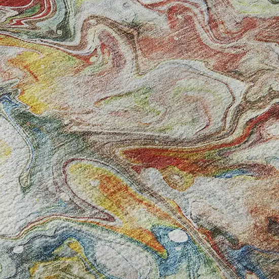 8' Ivory Yellow And Blue Abstract Washable Round Rug With UV Protection Photo 9