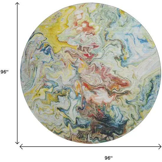 8' Ivory Yellow And Blue Abstract Washable Round Rug With UV Protection Photo 3