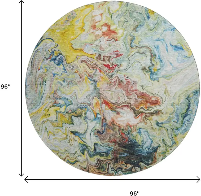 8' Ivory Yellow And Blue Abstract Washable Round Rug With UV Protection Photo 3