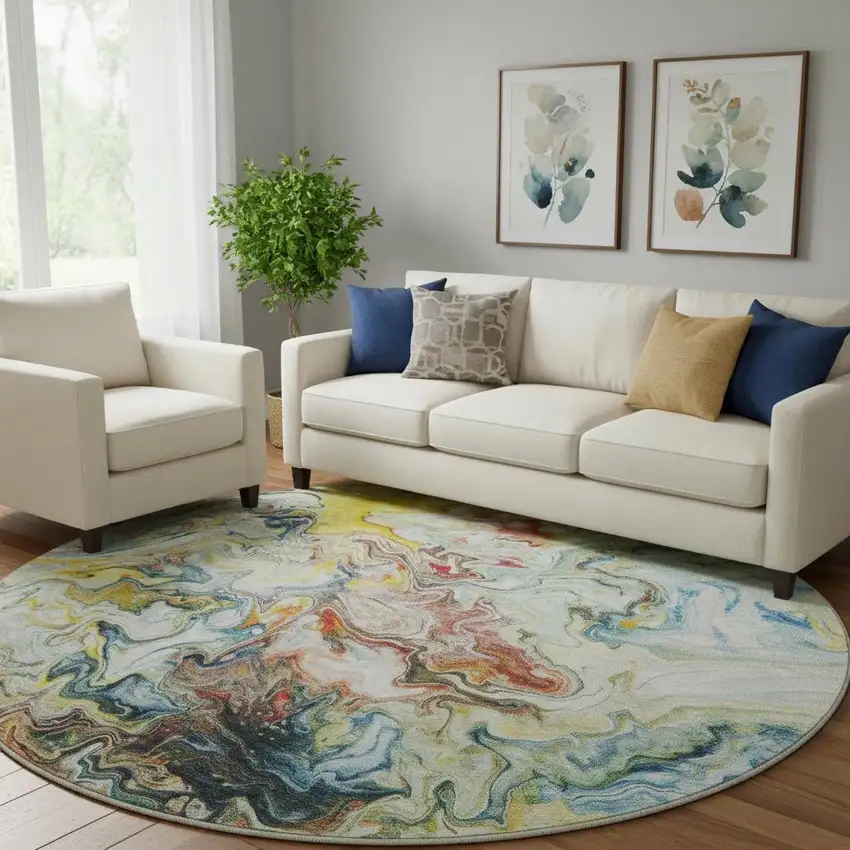 8' Ivory Yellow And Blue Abstract Washable Round Rug With UV Protection Photo 1