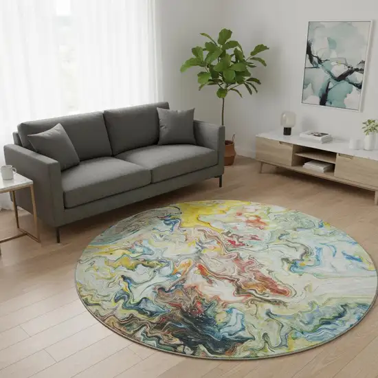 8' Ivory Yellow And Blue Abstract Washable Round Rug With UV Protection Photo 2