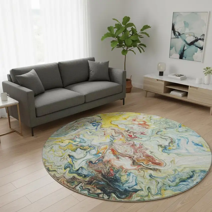 8' Ivory Yellow And Blue Abstract Washable Round Rug With UV Protection Photo 2