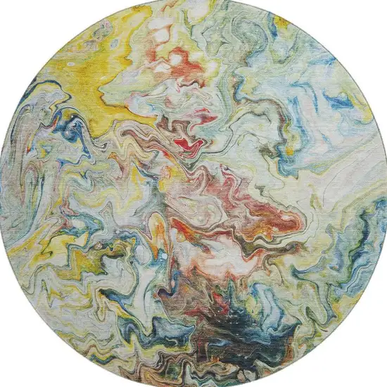8' Ivory Yellow And Blue Abstract Washable Round Rug With UV Protection Photo 4