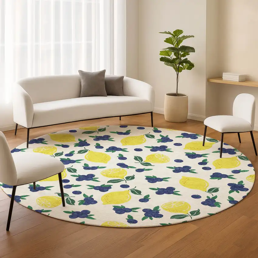 8' Ivory Yellow And Blue Round Lemons Washable Indoor Outdoor Area Rug Photo 9