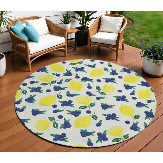 8' Ivory Yellow And Blue Round Lemons Washable Indoor Outdoor Area Rug Photo 1