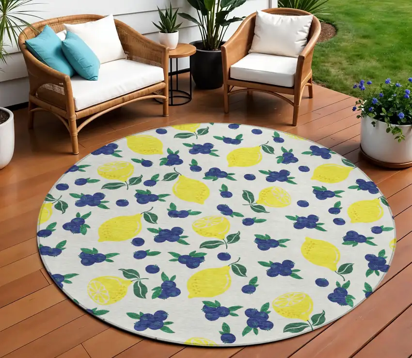 8' Ivory Yellow And Blue Round Lemons Washable Indoor Outdoor Area Rug Photo 1