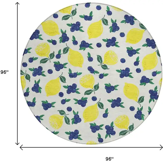8' Ivory Yellow And Blue Round Lemons Washable Indoor Outdoor Area Rug Photo 3