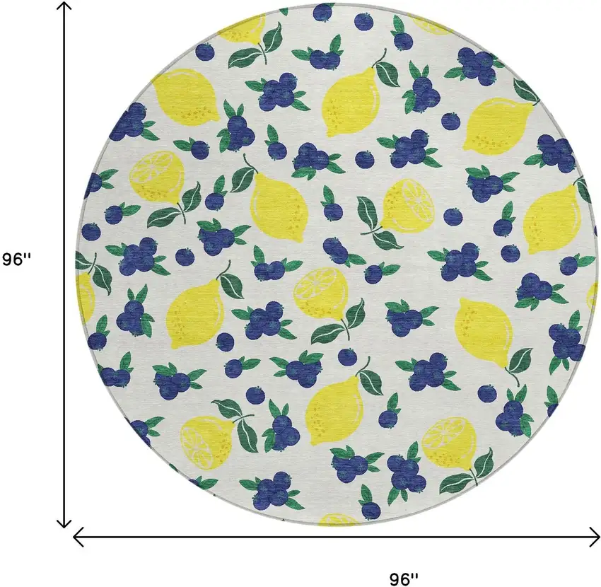 8' Ivory Yellow And Blue Round Lemons Washable Indoor Outdoor Area Rug Photo 3