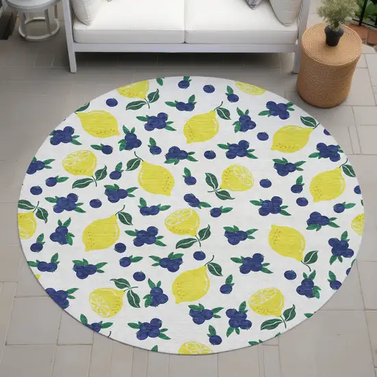 8' Ivory Yellow And Blue Round Lemons Washable Indoor Outdoor Area Rug Photo 9