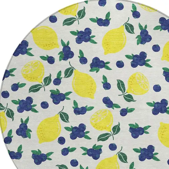 8' Ivory Yellow And Blue Round Lemons Washable Indoor Outdoor Area Rug Photo 7