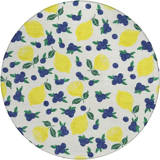 8' Ivory Yellow And Blue Round Lemons Washable Indoor Outdoor Area Rug Photo 2