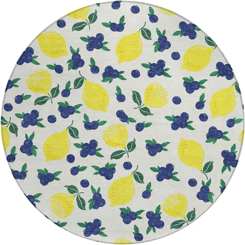 8' Ivory Yellow And Blue Round Lemons Washable Indoor Outdoor Area Rug Photo 2