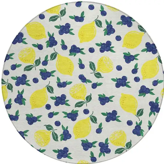 8' Ivory Yellow And Blue Round Lemons Washable Indoor Outdoor Area Rug Photo 4