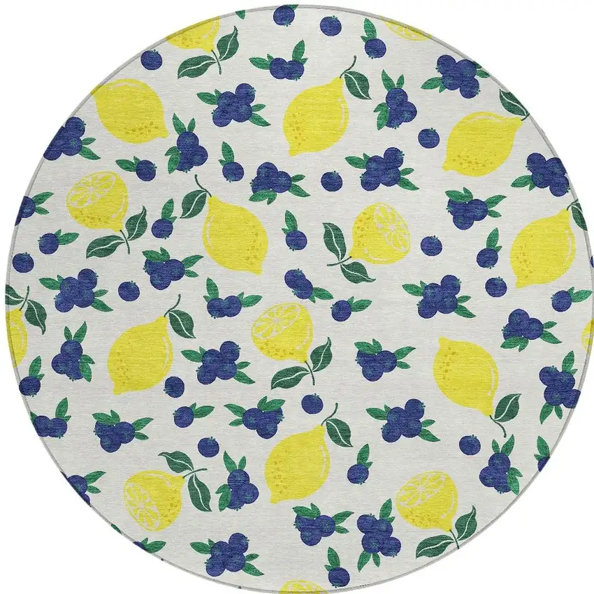 8' Ivory Yellow And Blue Round Lemons Washable Indoor Outdoor Area Rug Photo 4