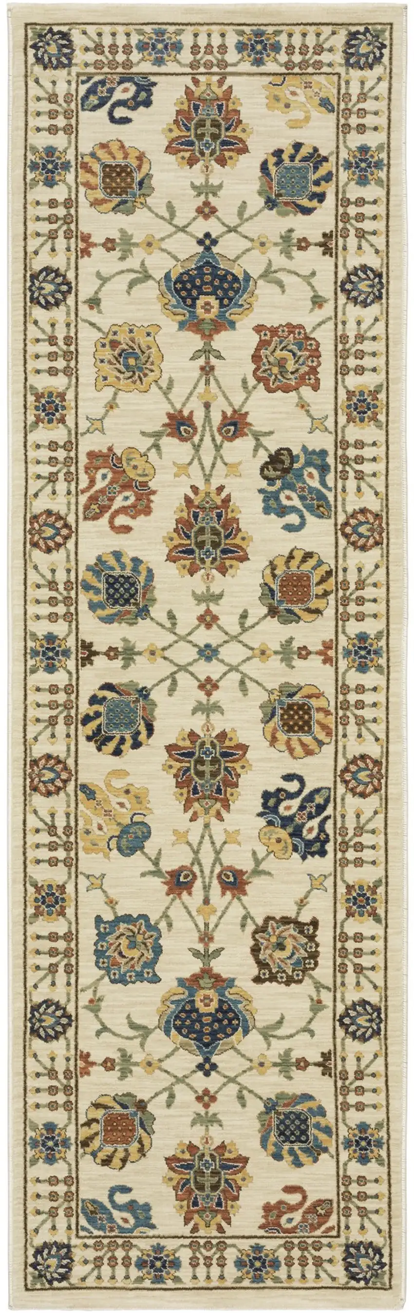 8' Ivory Yellow And Dark Orange Oriental Runner Rug With Fringe Photo 4