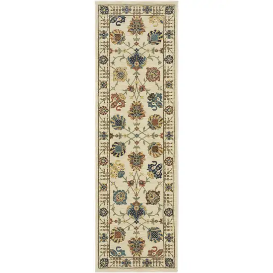 8' Ivory Yellow And Dark Orange Oriental Runner Rug With Fringe Photo 4