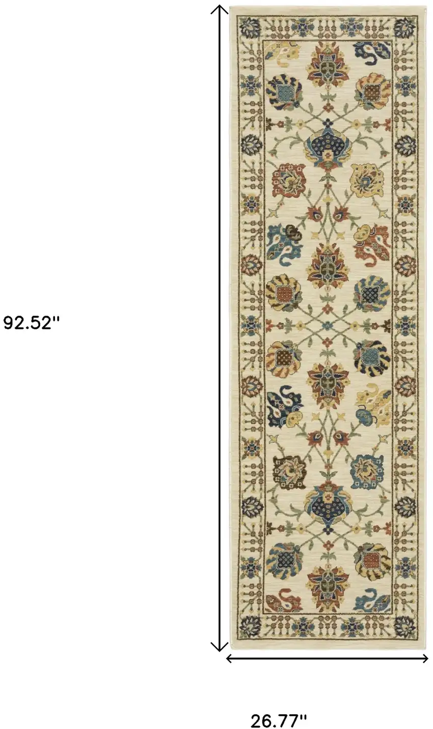 8' Ivory Yellow And Dark Orange Oriental Runner Rug With Fringe Photo 3