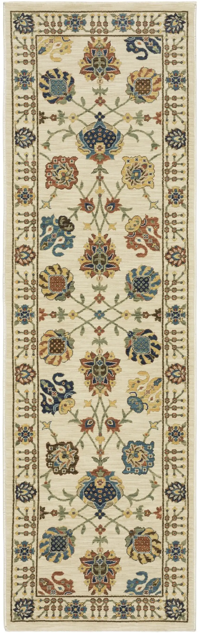 8' Ivory Yellow And Dark Orange Oriental Runner Rug With Fringe Photo 2