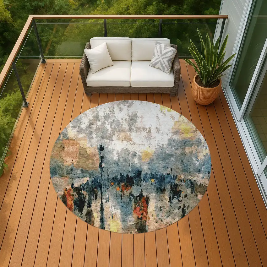 8' Ivory Yellow Blue And Beige Round Abstract Washable Indoor Outdoor Area Rug Photo 8