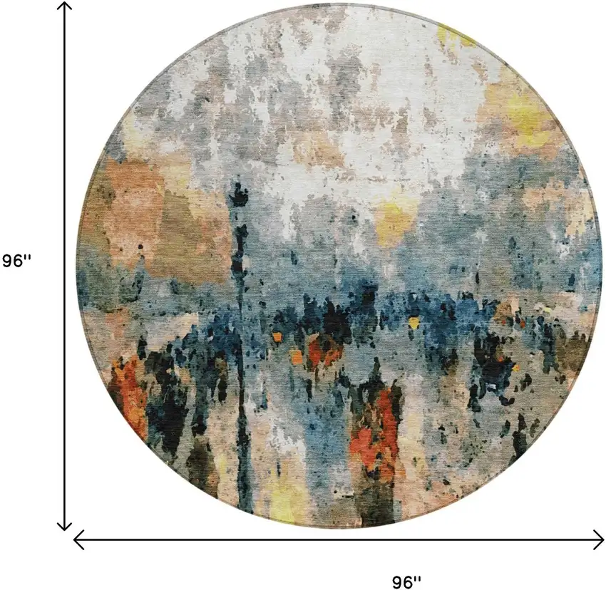 8' Ivory Yellow Blue And Beige Round Abstract Washable Indoor Outdoor Area Rug Photo 3