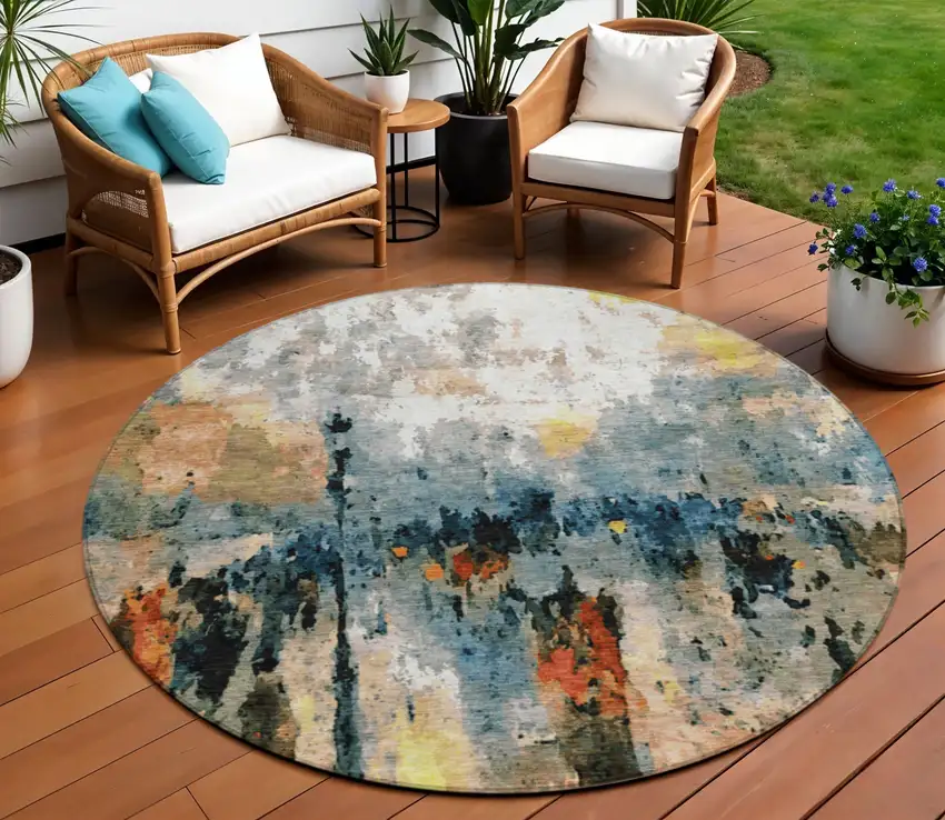 8' Ivory Yellow Blue And Beige Round Abstract Washable Indoor Outdoor Area Rug Photo 1