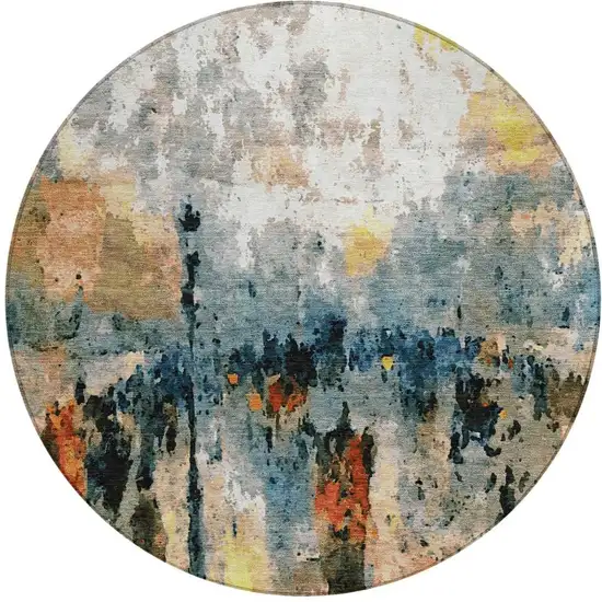 8' Ivory Yellow Blue And Beige Round Abstract Washable Indoor Outdoor Area Rug Photo 5