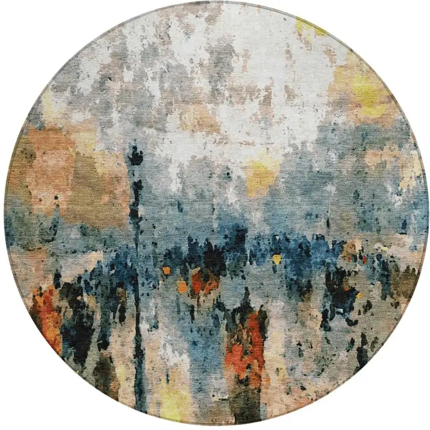 8' Ivory Yellow Blue And Beige Round Abstract Washable Indoor Outdoor Area Rug Photo 5