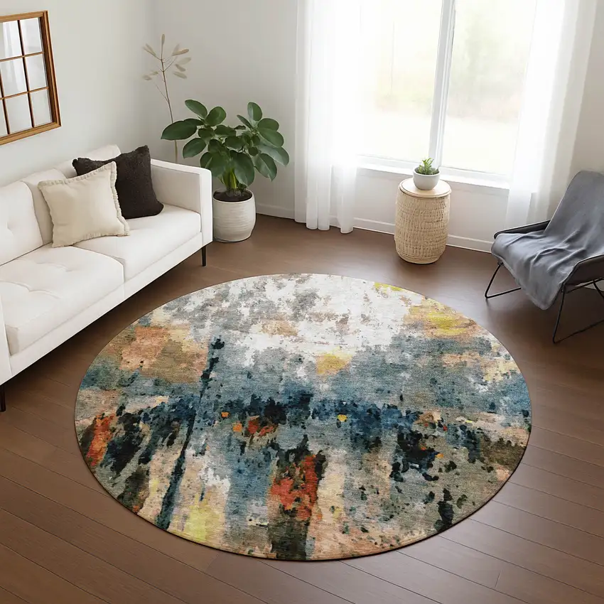 8' Ivory Yellow Blue And Beige Round Abstract Washable Indoor Outdoor Area Rug Photo 9