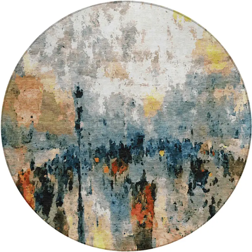 8' Ivory Yellow Blue And Beige Round Abstract Washable Indoor Outdoor Area Rug Photo 2