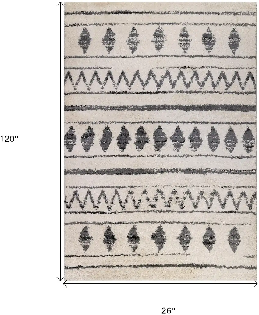 10' Ivory and Black Geometric Shag Runner Rug Photo 5