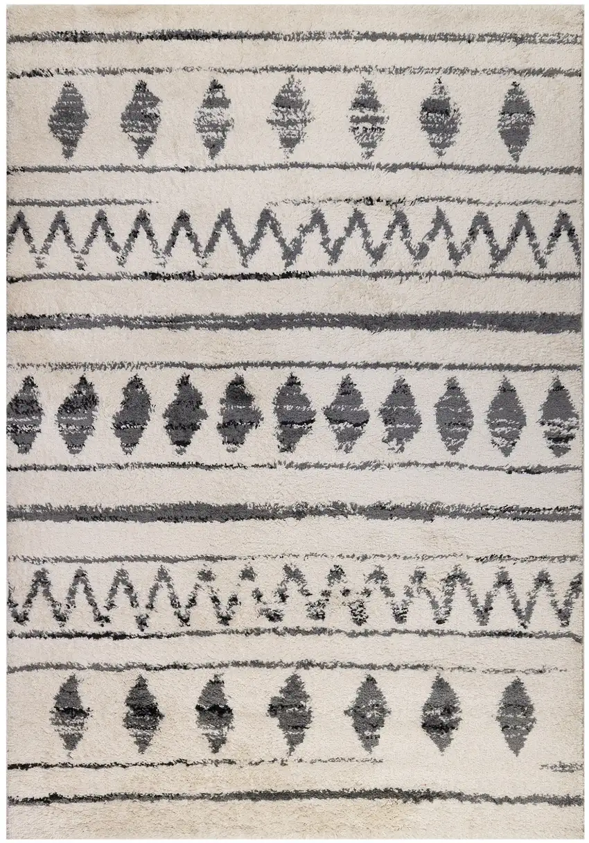 10' Ivory and Black Geometric Shag Runner Rug Photo 1