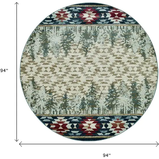 8' Ivory Green And Red Southwestern Round Rug Photo 3