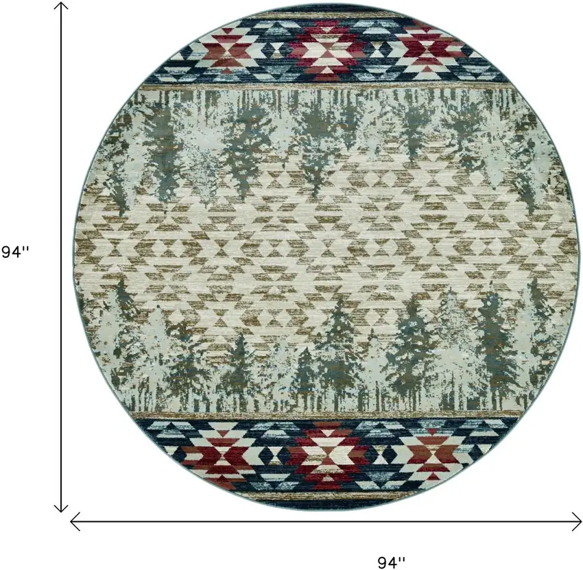 8' Ivory Green And Red Southwestern Round Rug Photo 3