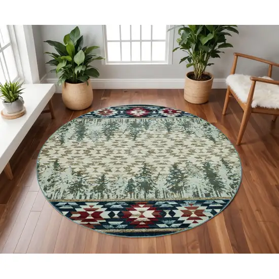 8' Ivory Green And Red Southwestern Round Rug Photo 1