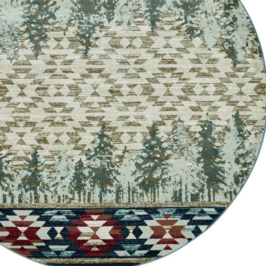 8' Ivory Green And Red Southwestern Round Rug Photo 4