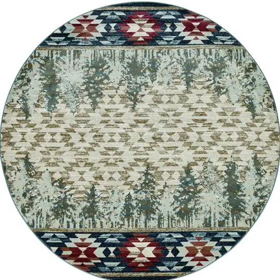 8' Ivory Green And Red Southwestern Round Rug Photo 5
