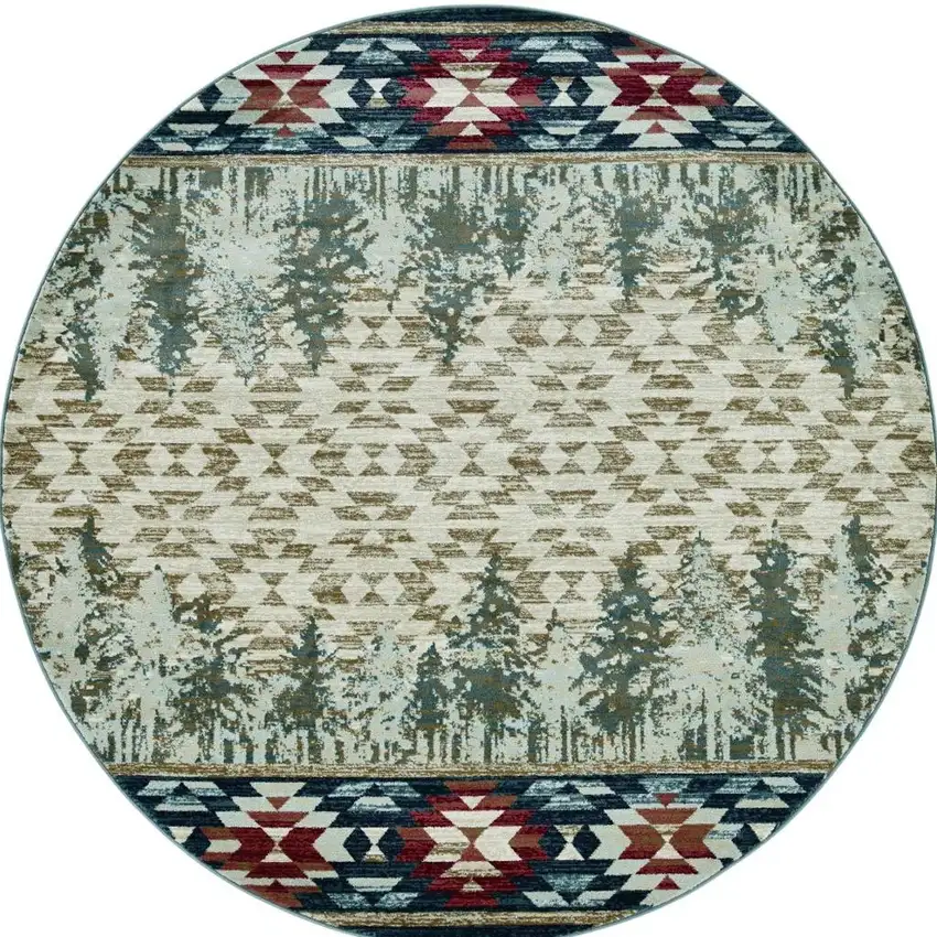 8' Ivory Green And Red Southwestern Round Rug Photo 5