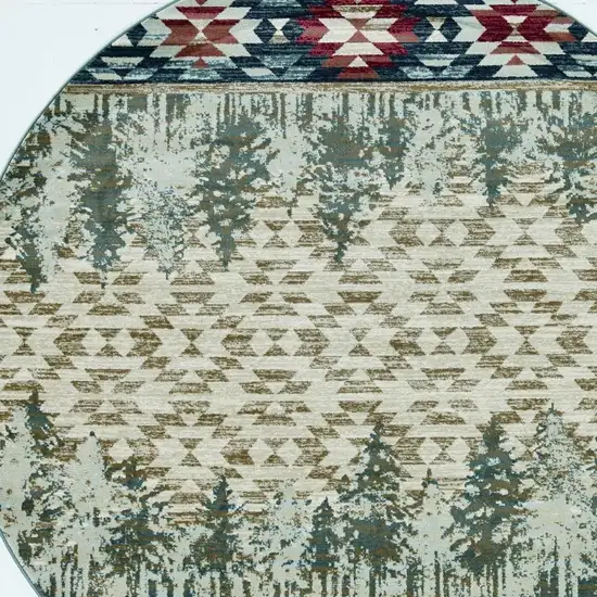 8' Ivory Green And Red Southwestern Round Rug Photo 9