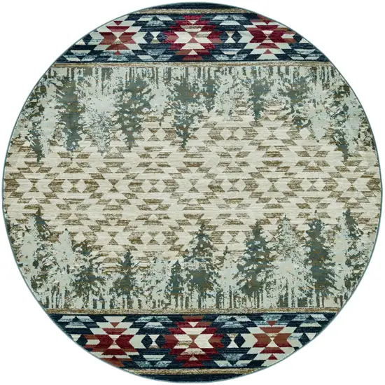 8' Ivory Green And Red Southwestern Round Rug Photo 2