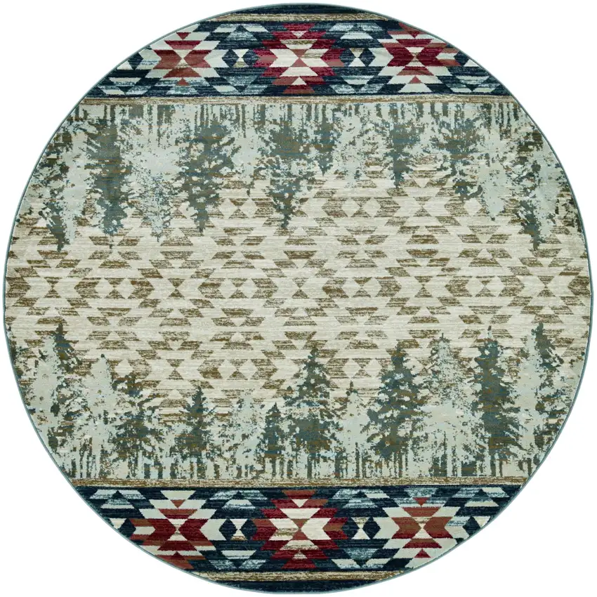 8' Ivory Green And Red Southwestern Round Rug Photo 2
