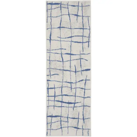 8' Ivory and Blue Abstract Distressed Non Skid Runner Rug Photo 7